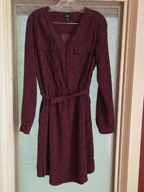 Mossimo Burgundy Patterned Long-Sleeve Belted Dress